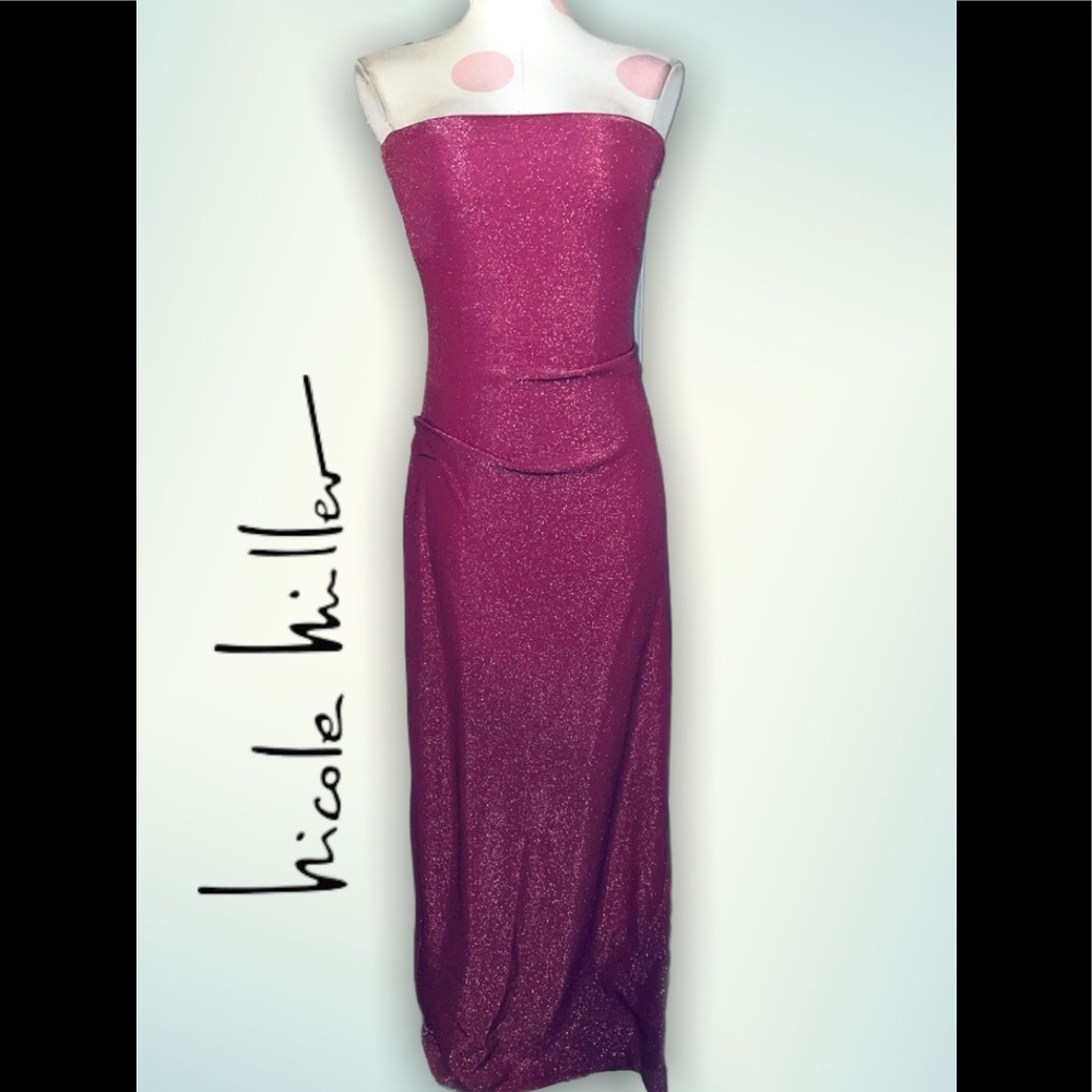 Nicole Miller Vintage 90s Strapless Rose Pink Metallic Thread Floor Length Dress